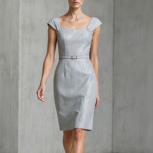 ANTONIO MELANI Grey And White Pinstriped Pencil Sheath Dress With Belt